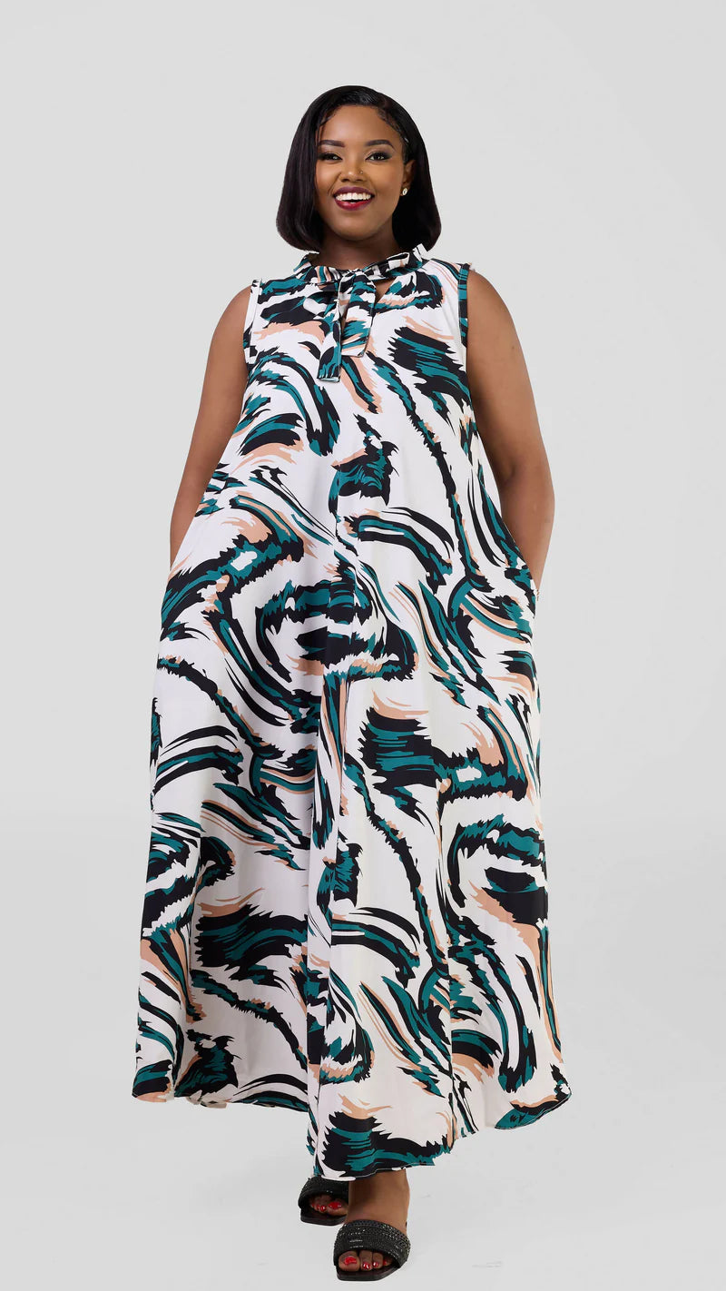 Becky Pussy Bow Dress - White / Green