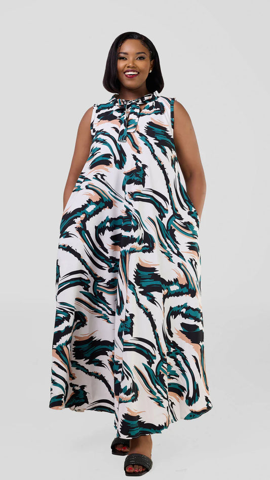 Becky Pussy Bow Dress - White / Green