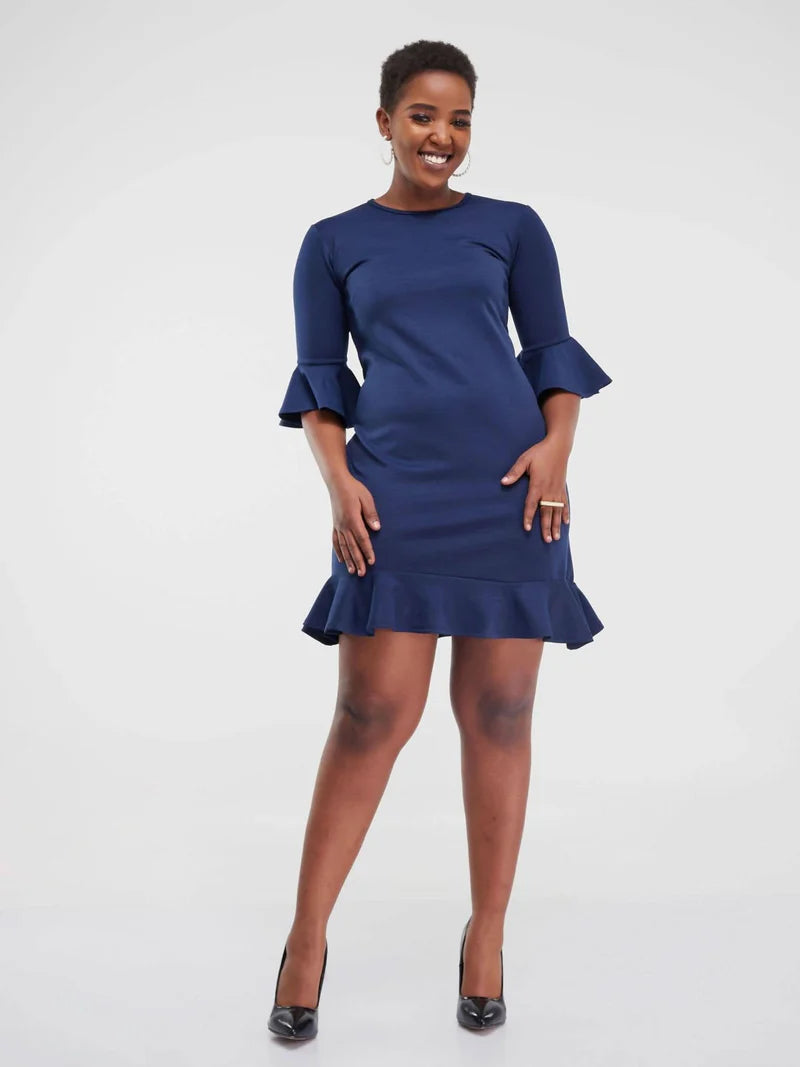 Ruffled Shift Dress - Navy Blue